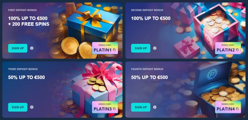 Platin Casino mehrstufiges Willkommensbonuspaket und Einzahlungsbonusbelohnungen.